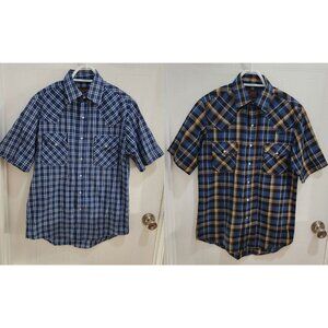 Lot‎ of x2 Plains Western Wear Blue Plaid Short Sleeve Pearl Snap Shirt Size S